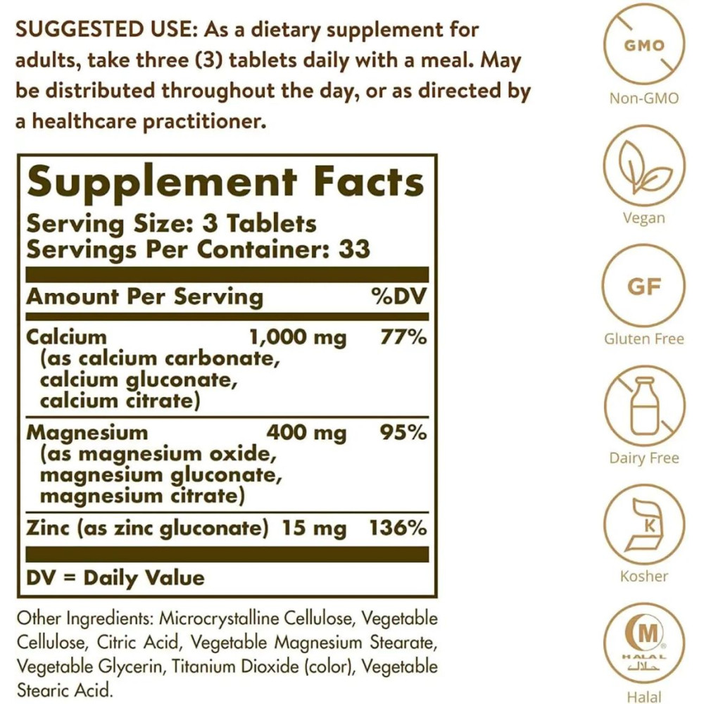 Мультимінеральний комплекс Solgar Calcium Magnesium plus Zinc 100 Tabs