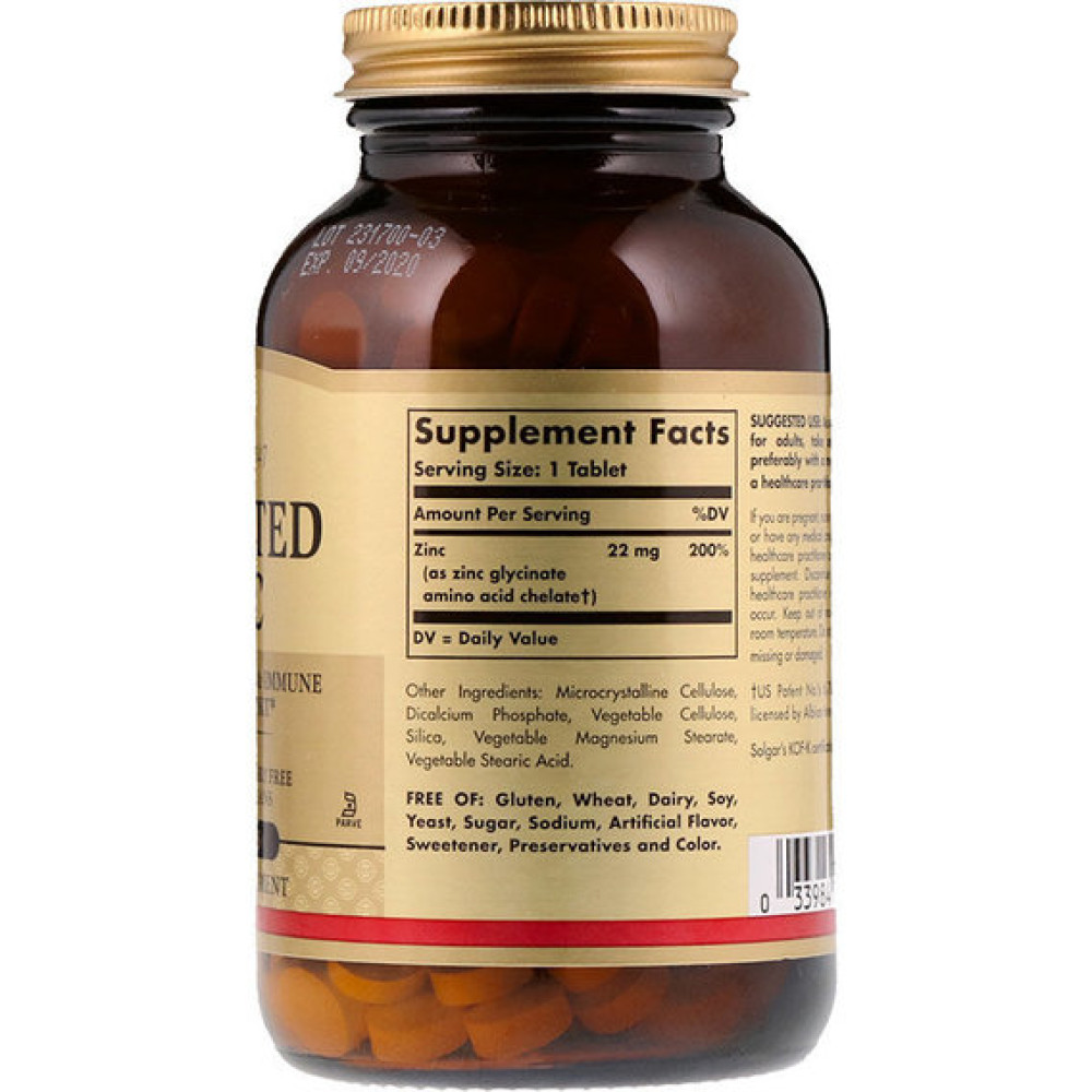Мікроелемент Цинк Solgar Chelated Zinc 250 Tabs