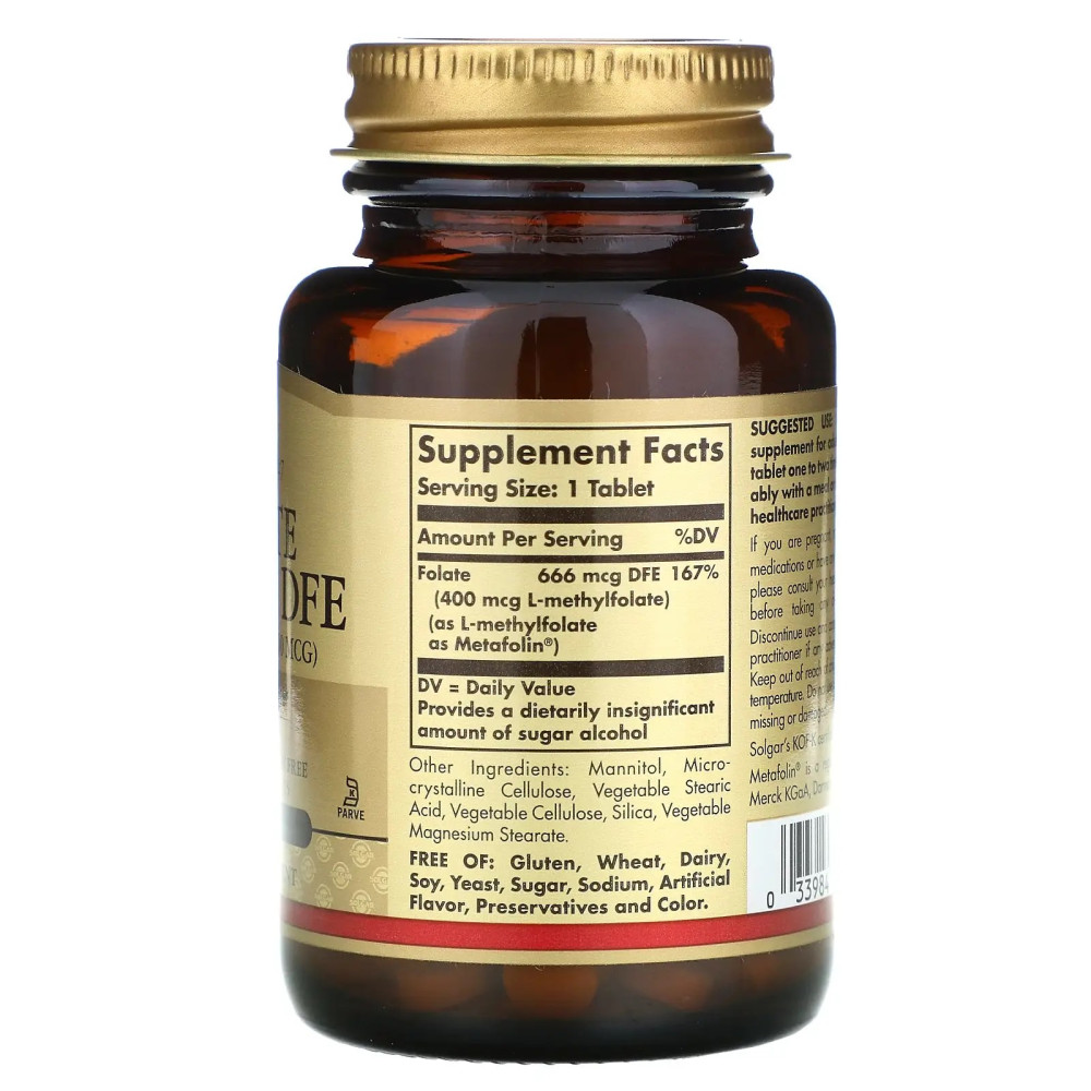 Фолієва кислота Solgar Folate 666 mcg DFE (As Metafolin 400 mcg) 100 Tabs
