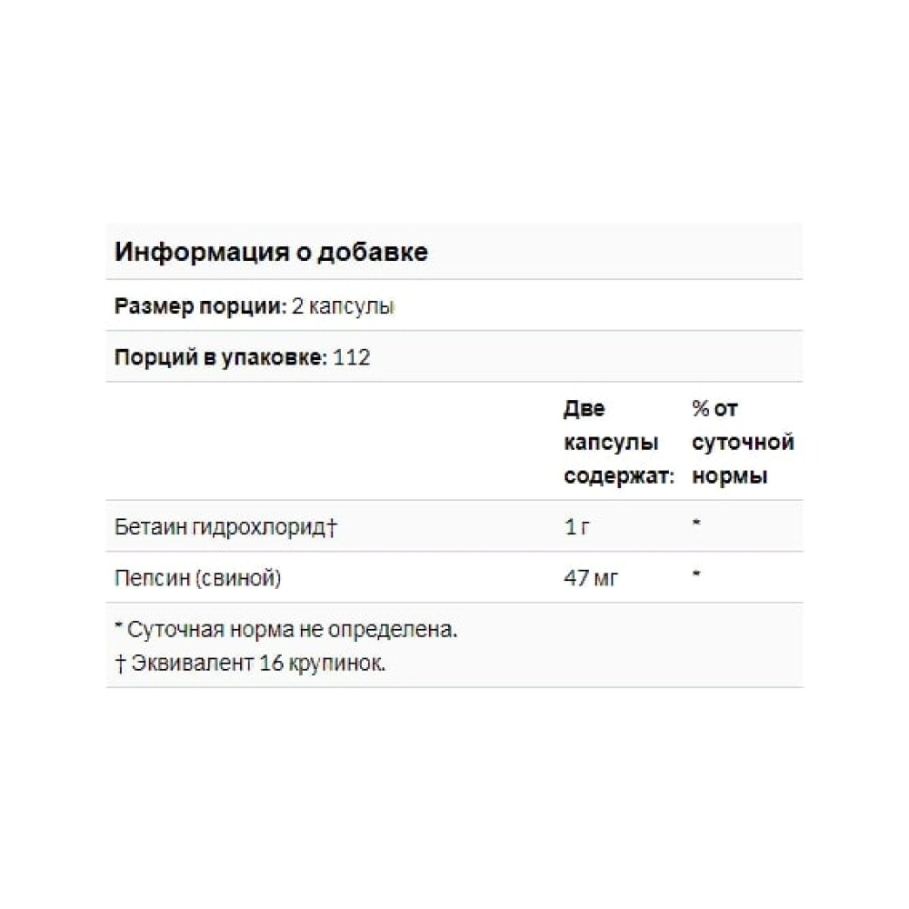 Бетаїну гідрохлорид Thorne Research Betaine HCL & Pepsin 225 Caps THR-41502