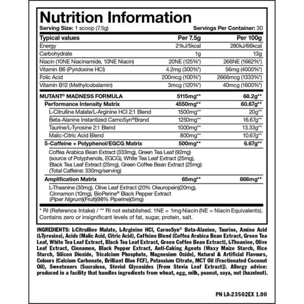 Комплекс до тренування Mutant Madness 225 g /30 servings/ Blue Raspberry