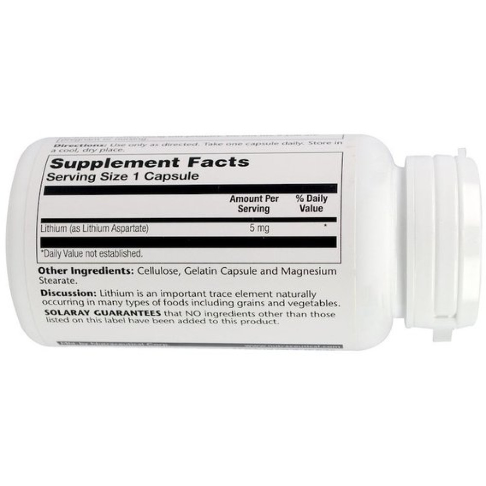 Мікроелемент Літій Solaray Lithium Aspartate 5 mg 100 Caps SOR-04599