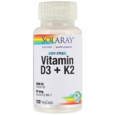 Комплекс Вітамін D3+K2 Solaray Soy-Free Vitamin D3 + K2 120 Veg Caps SOR-57445