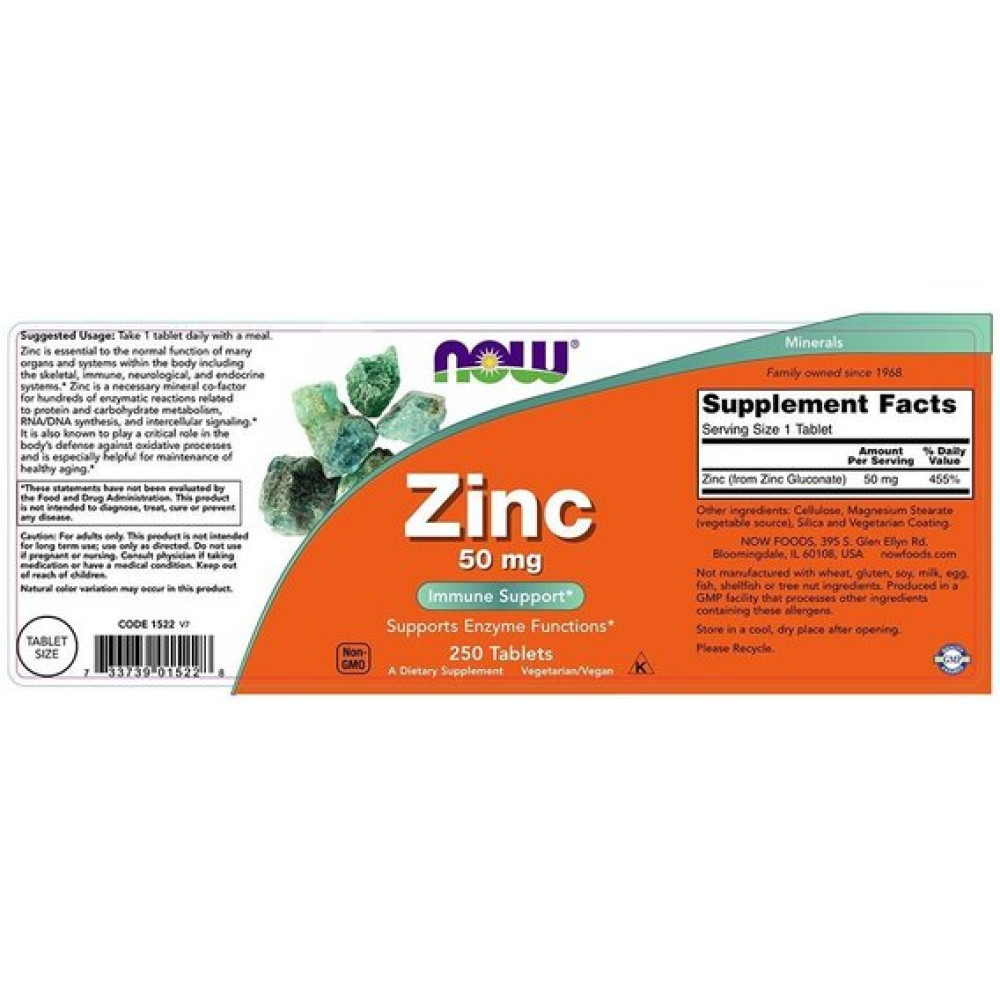 Мікроелемент Цинк NOW Foods Zinc Gluconate 50 mg 250 Tabs