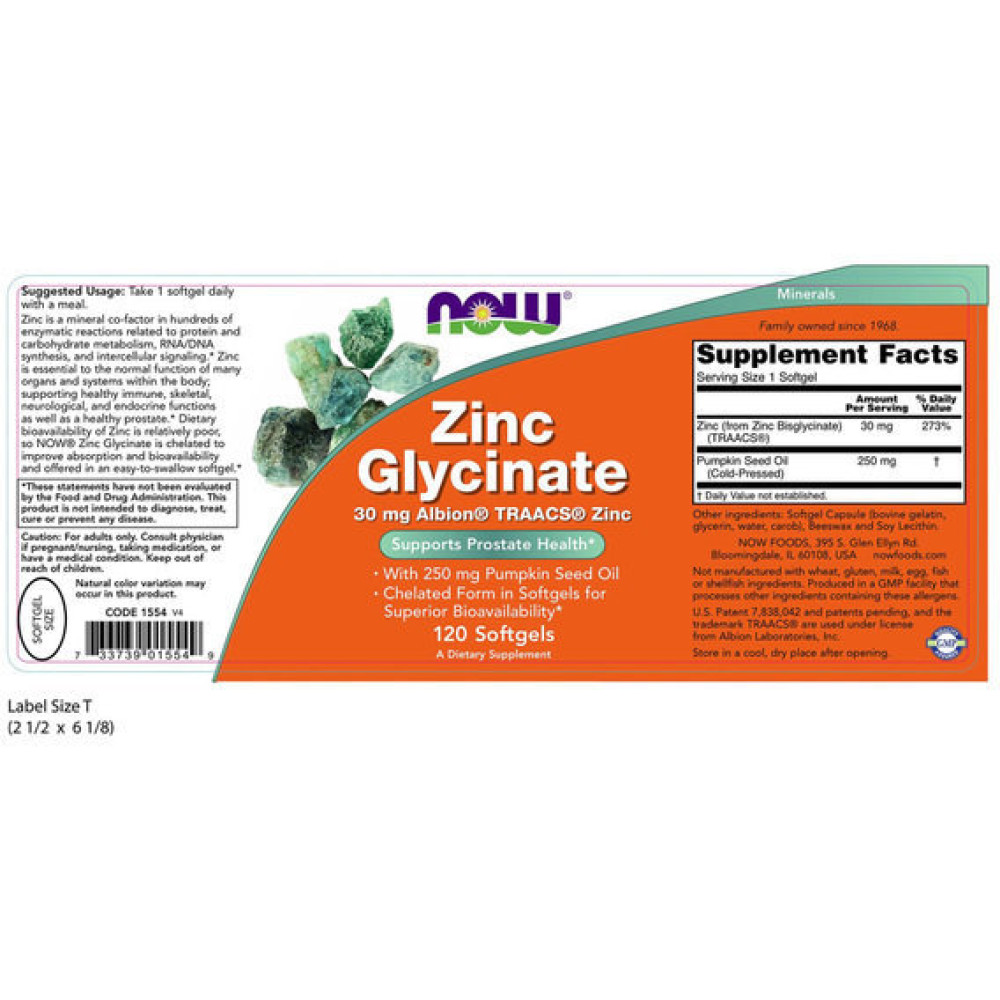 Мікроелемент Цинк NOW Foods Zinc Glycinate 30 mg 120 Softgels