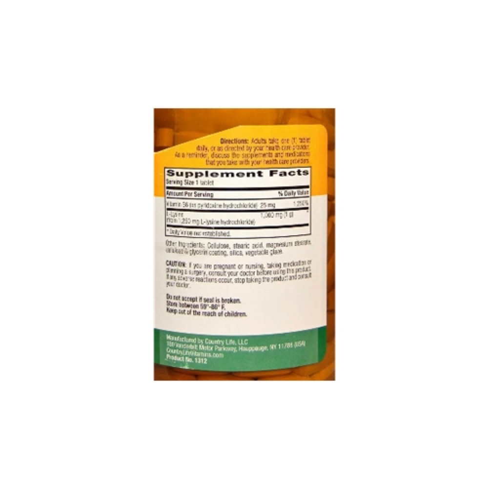 Амінокислота Лізін Country Life L-Lysine 1000 mg 100 Tabs