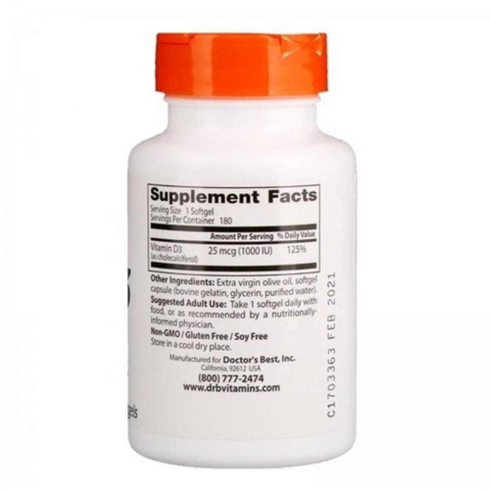 Вітамін D Doctor's Best Vitamin D3 1000 IU 180 Softgels