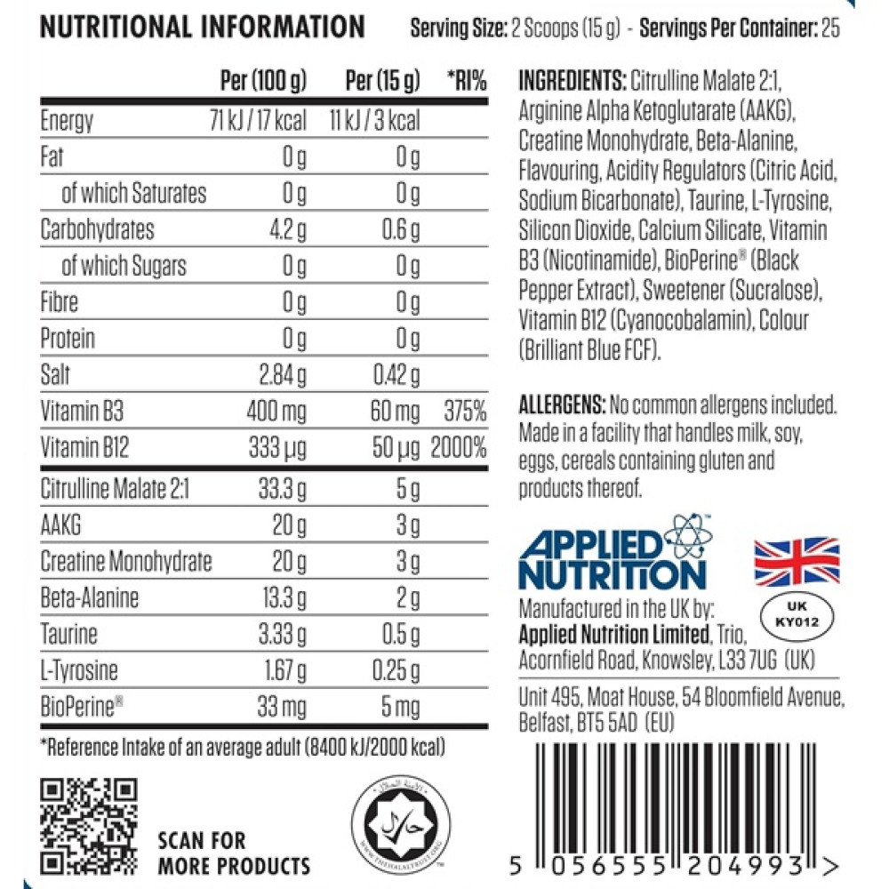 Комплекс до тренування Applied Nutrition Pump 3g ZERO 375 g /25 servings/ Icy Blue Raz