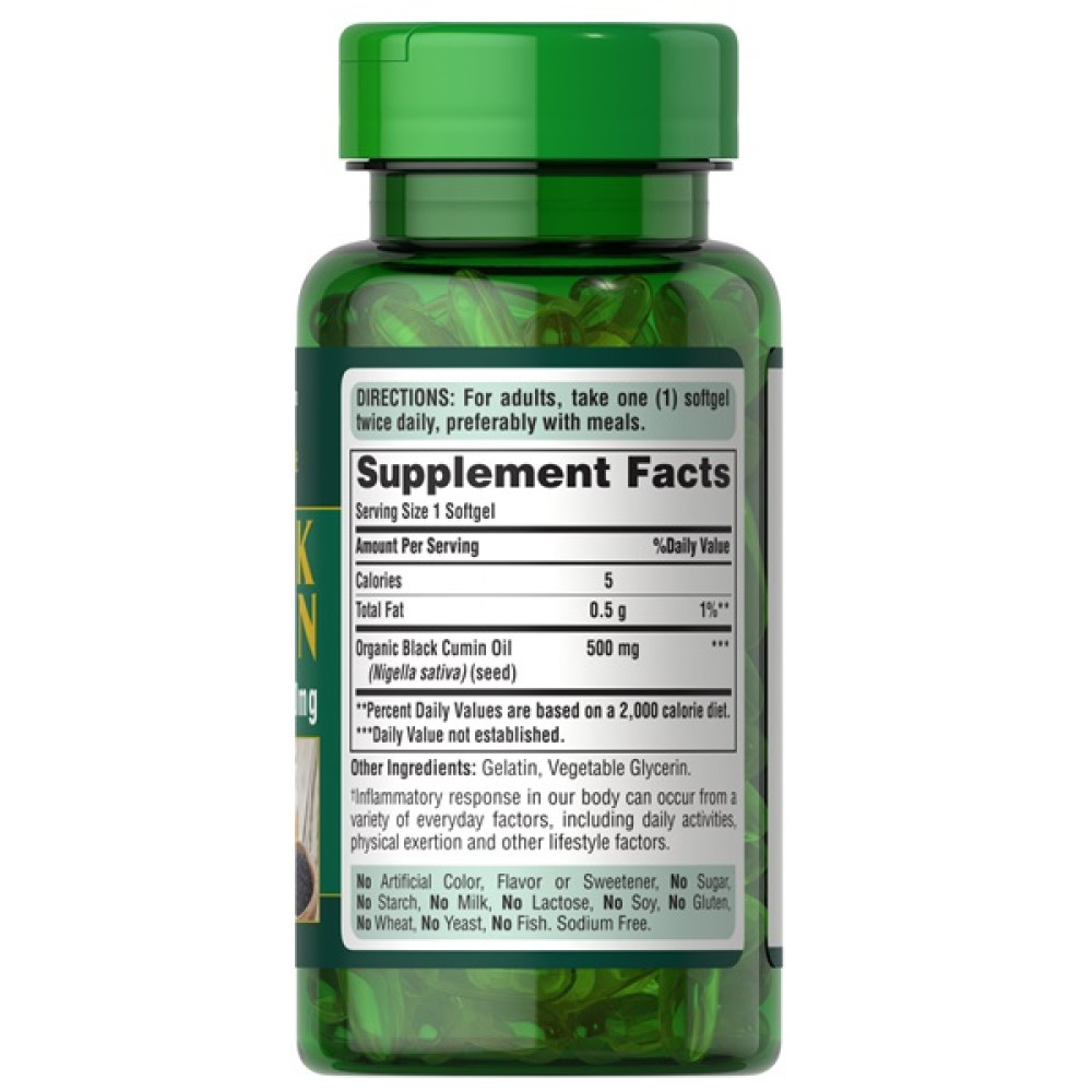 Натуральна добавка для імунітету Puritan's Pride Black Cumin Seed Oil 500 mg 60 Softgels