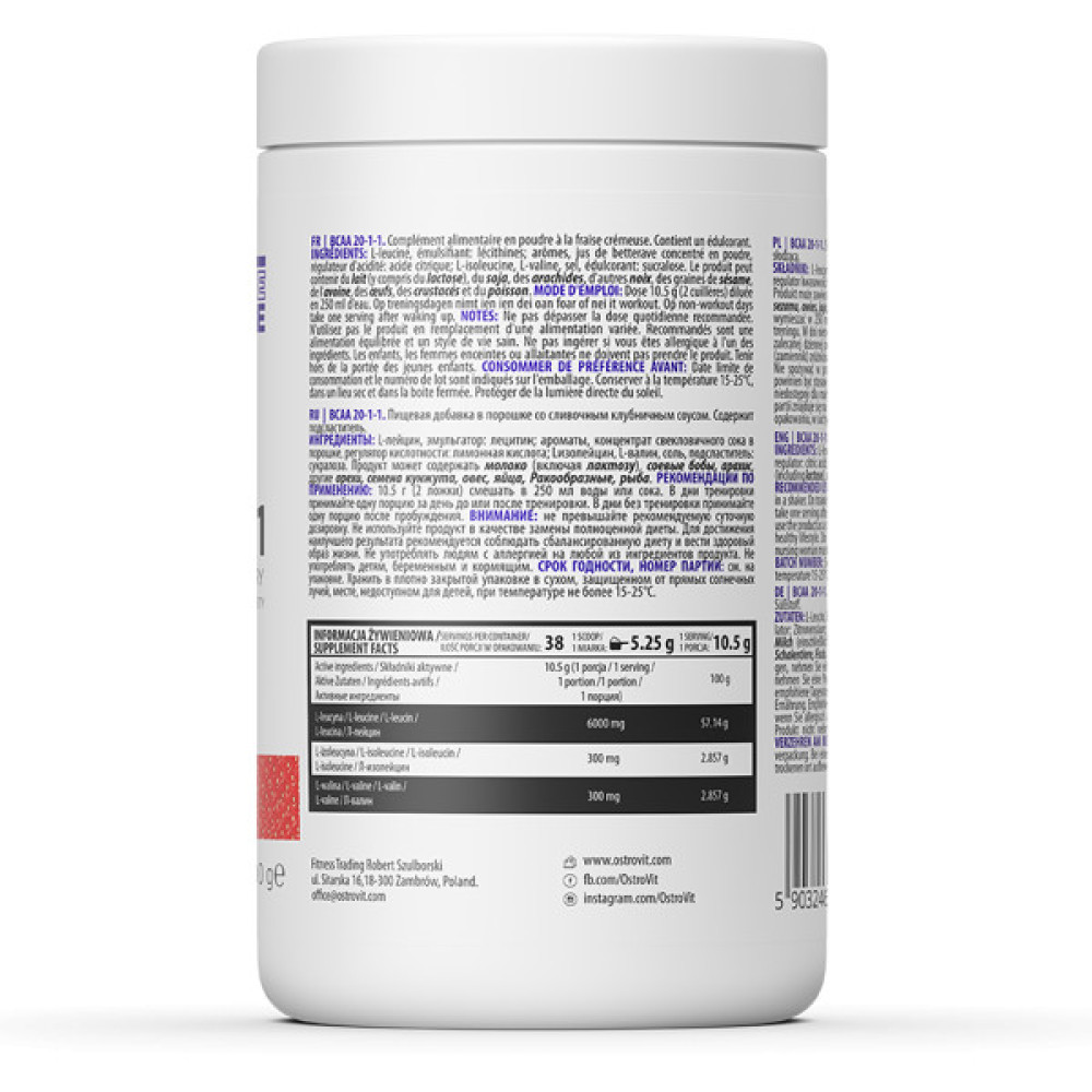 Амінокислота BCAA для спорту OstroVit BCAA 20-1-1 400 g /38 servings/ Creamy Strawberry