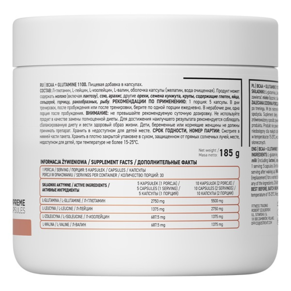 Амінокислота BCAA для спорту OstroVit BCAA + Glutamine 1100 mg 300 Caps
