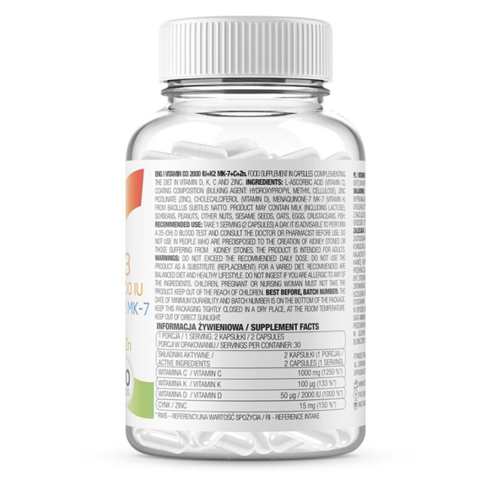 Вітамін D для спорту OstroVit Vitamin D3 2000 IU + K2 MK-7 + C + Zinc 60 Caps