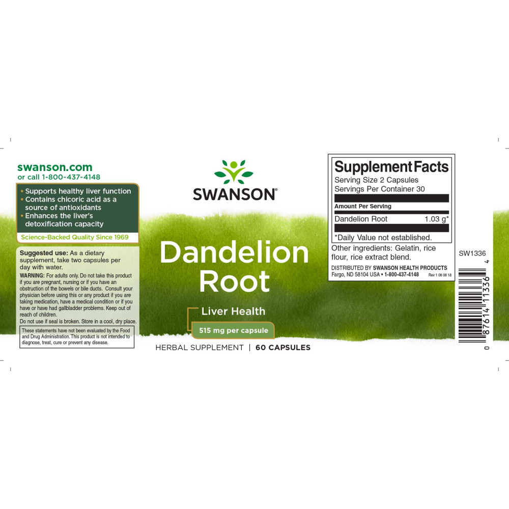 Комплекс для профілактики печінки Swanson Dandelion 515 mg 60 Caps