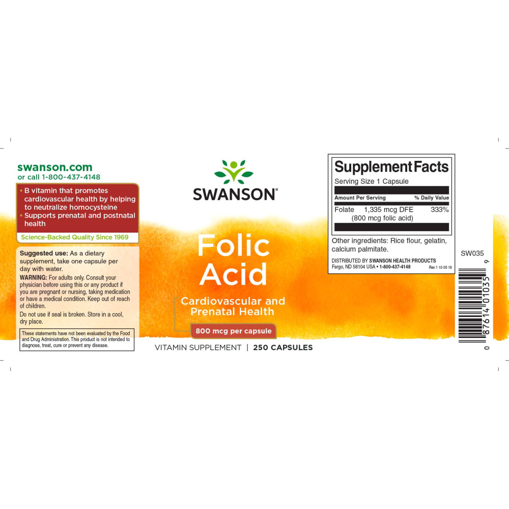 Фолієва кислота Swanson Folic Acid 800 mcg 250 Caps