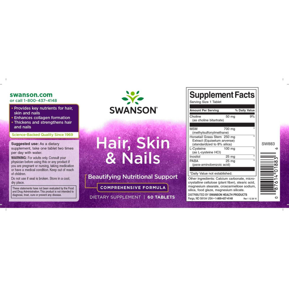 Комплекс для шкіри, волосся, нігтів Swanson Hair, Skin & Nails 60 Tabs