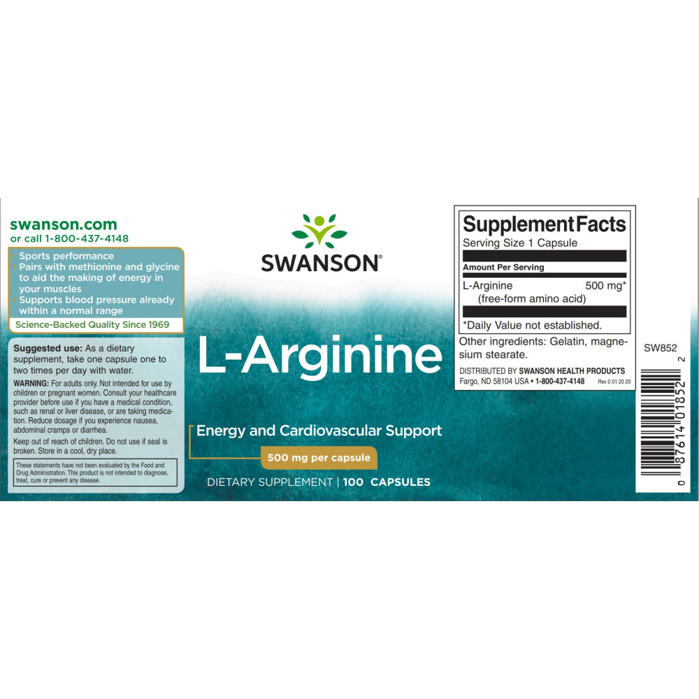 Аргінін Swanson L-Arginine 500 mg 100 Caps