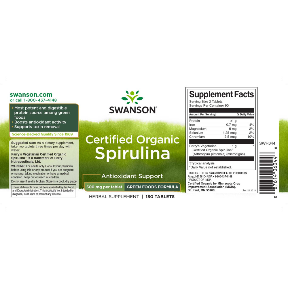 Спіруліна Swanson Spirulina Certified Organic 180 Tabs