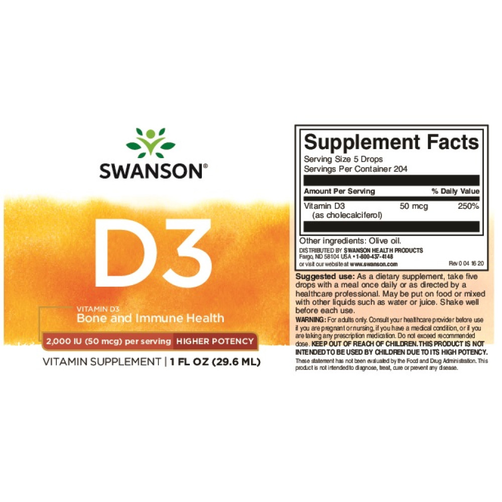 Вітамін D Swanson Vitamin D3 Bone and Immune Health 2000 IU 50mcg 29,6 ml