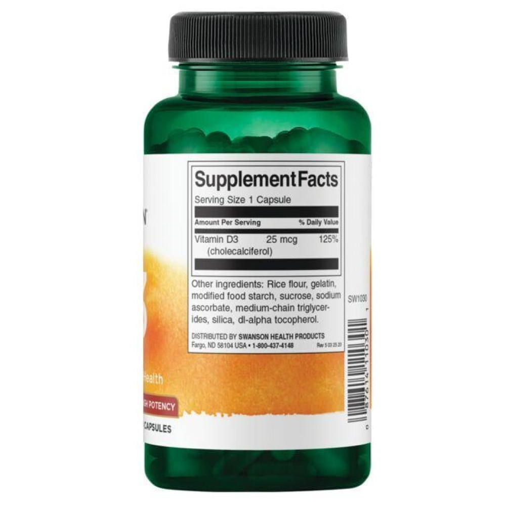 Вітамін D Swanson Vitamin D3 High Potency 1000IU 25 mcg 30 Caps