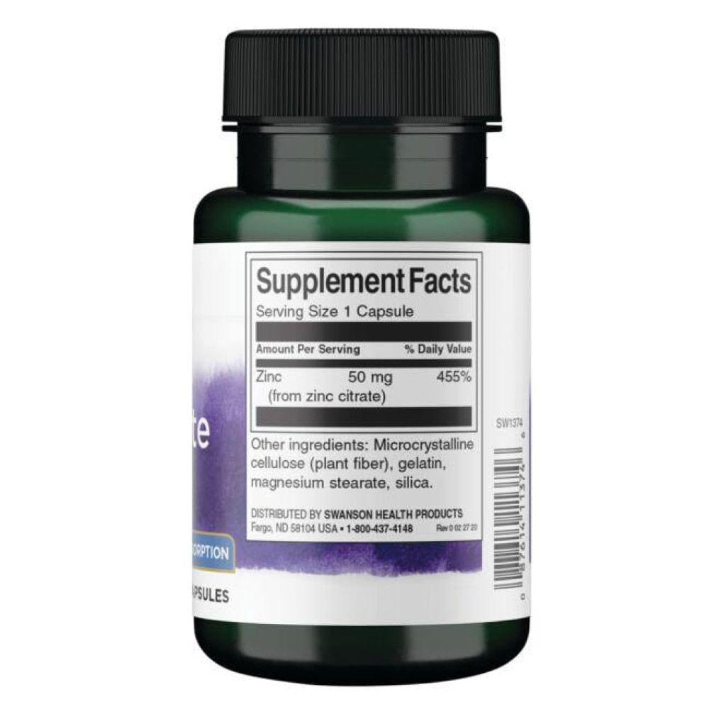 Мікроелемент Цинк Swanson Zinc Citrate 50 mg 60 Caps