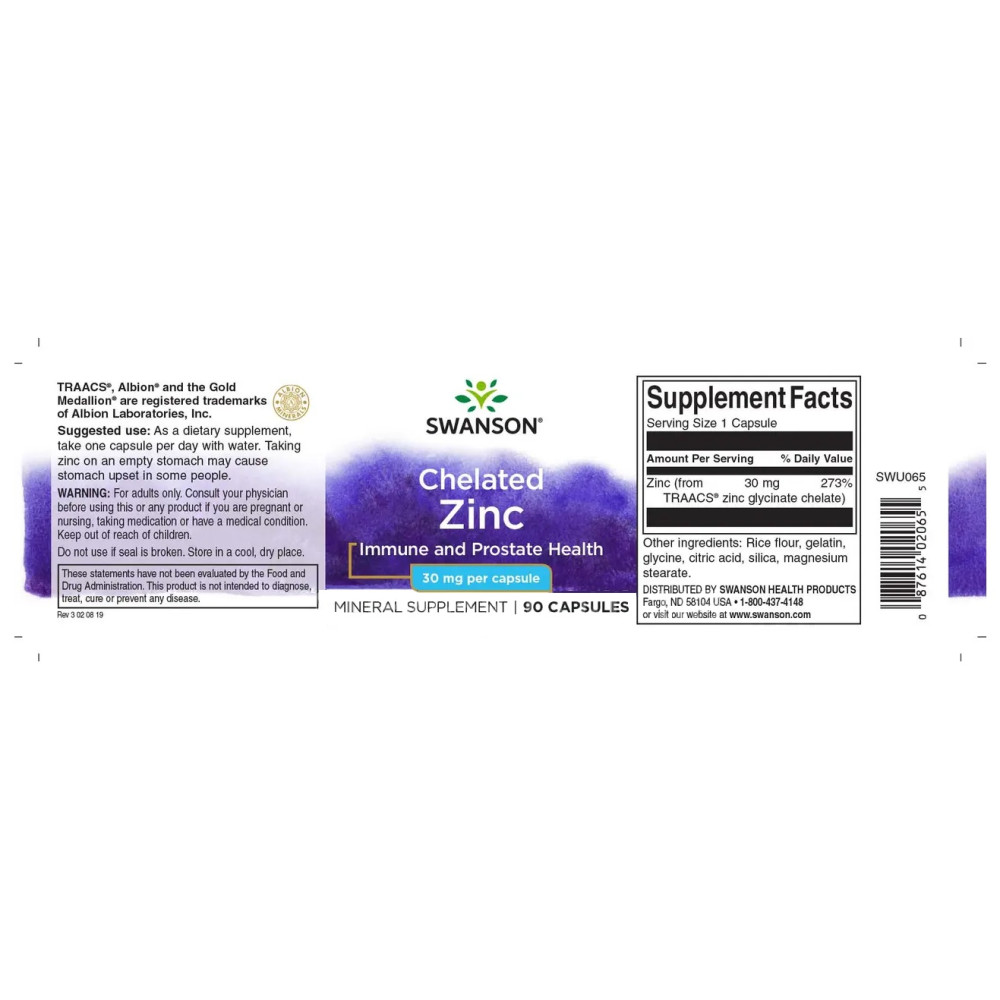 Мікроелемент Цинк Swanson Chelated Zinc 30 mg 90 Caps