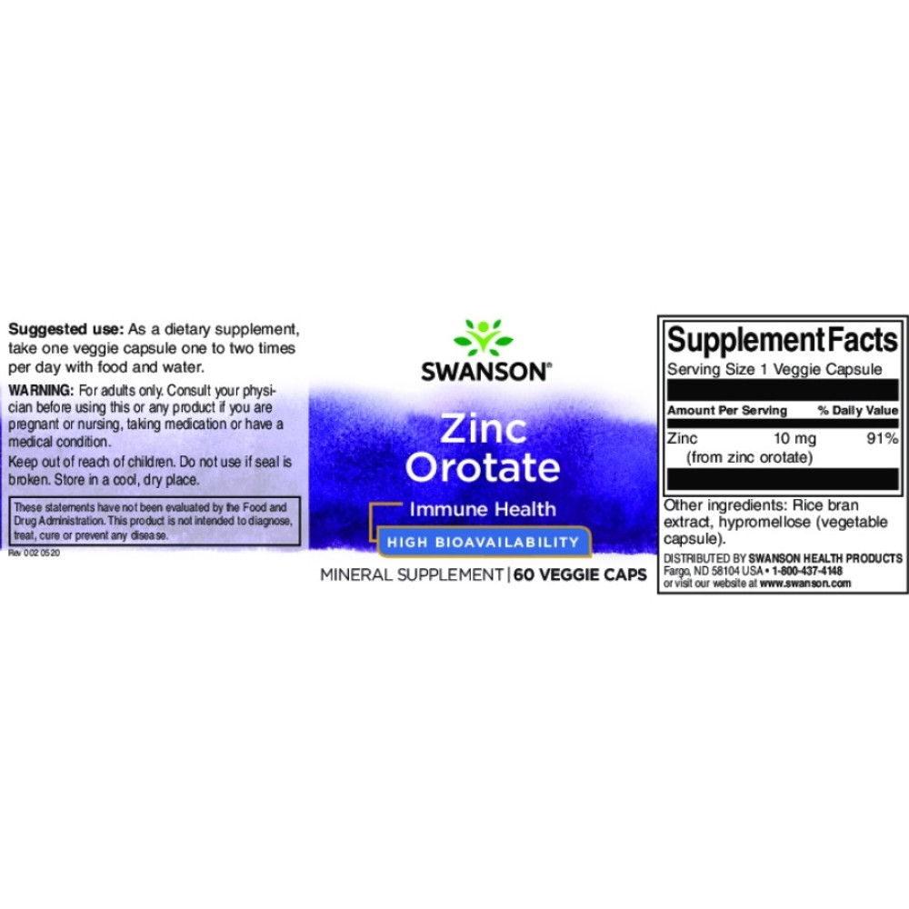 Мікроелемент Цинк Swanson Zinc Orotate 10 mg 60 Veg Caps