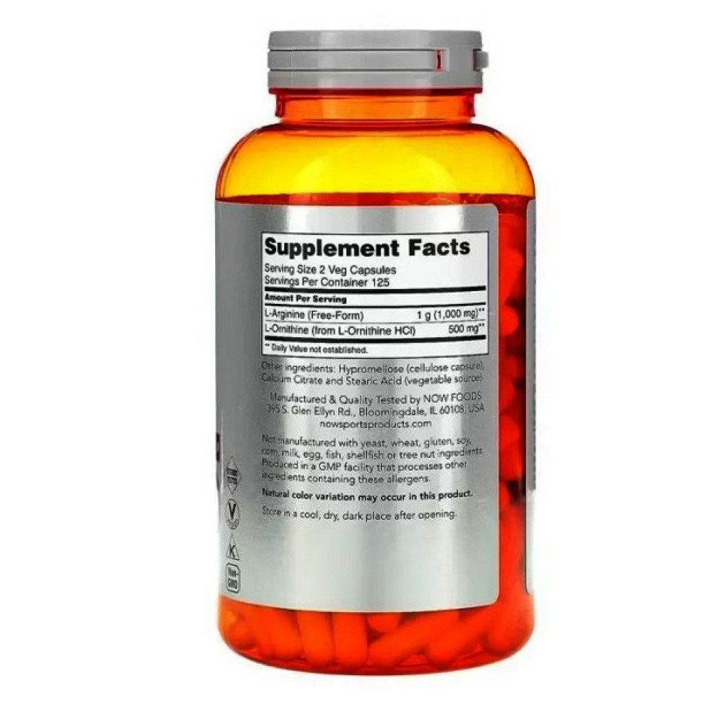 Аргінін NOW Foods Arginine/Ornithine, 500 mg/250 mg 250 Veg Caps