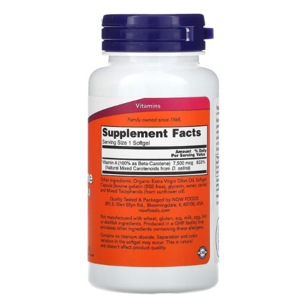 Вітамін A NOW Foods Natural Beta Carotene 25000 IU 180 Softgels