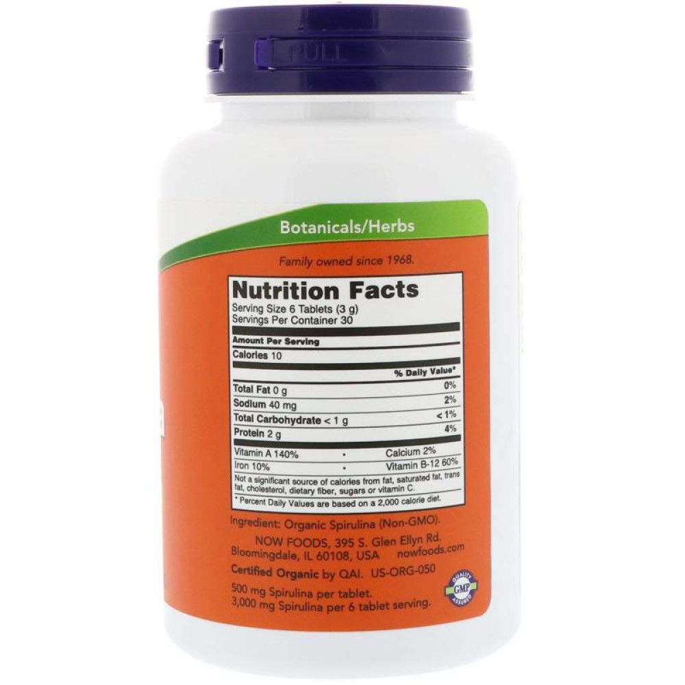 Спіруліна NOW Foods Spirulina Certified Organic 500 mg 200 Tabs