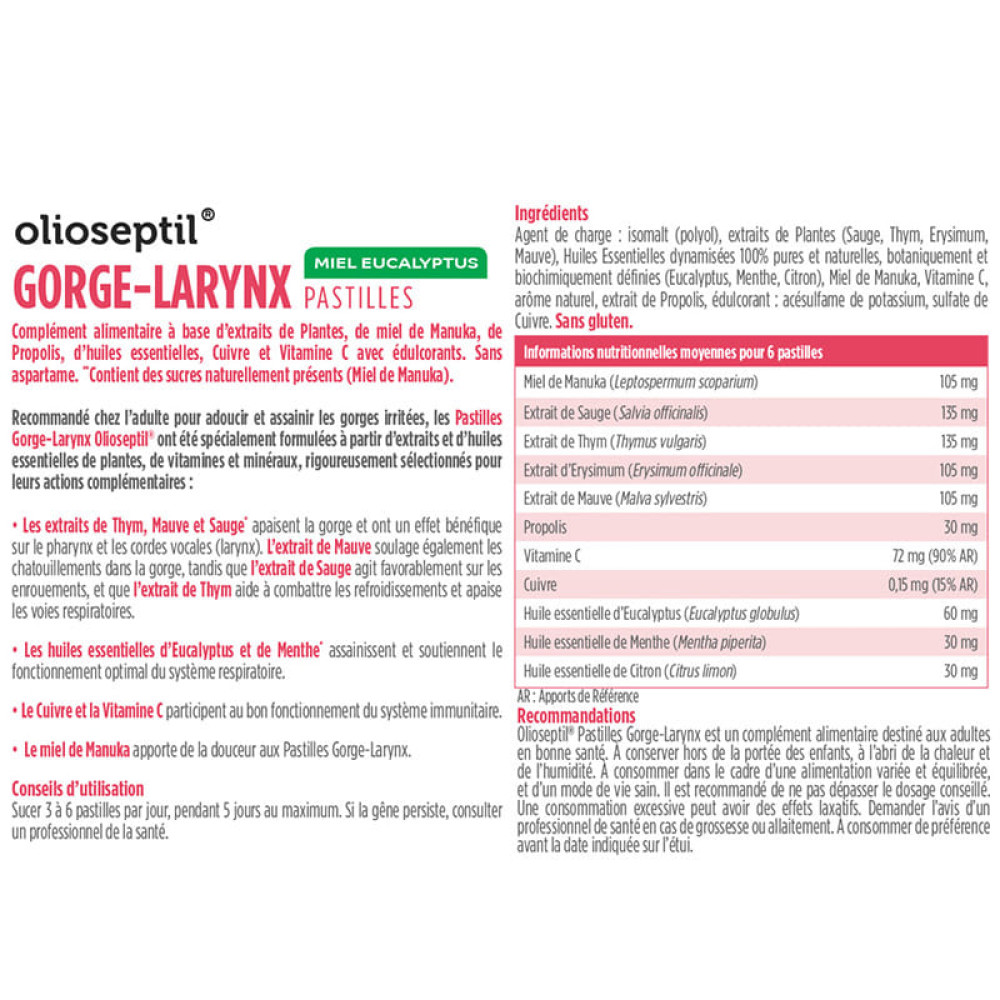 Протизастудний засіб OLIOSEPTIL PASTIILES GORGE-LARYNX 24 Lozenges Honey and Eucalyptus