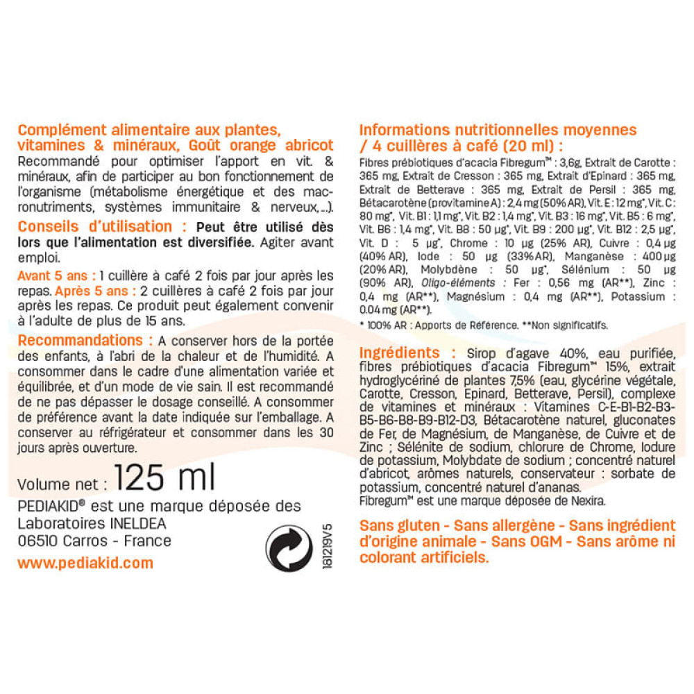 Суміш екстрактів Pediakid 22 Vitamins and minerals 250 ml /50 servings/ Orange Apricot