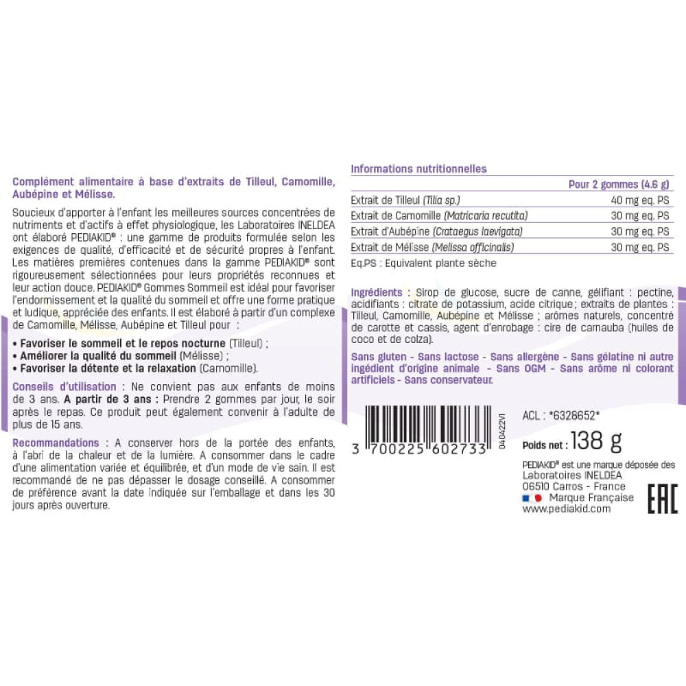 Комплекс для профілактики сну у дітей Pediakid Gommes Sommeil 60 Chewable Tabs