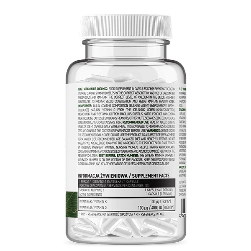 Вітамін D3+K2 для спорту OstroVit Vitamin D3 4000 + K2 VEGE 120 Caps