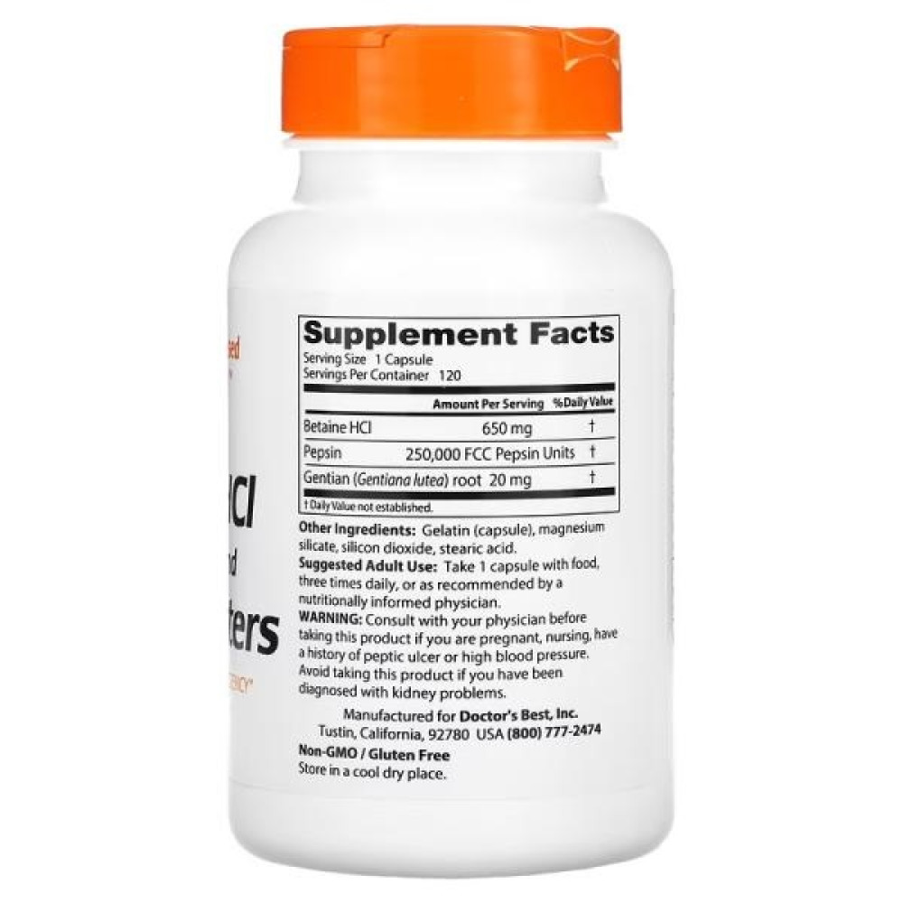 Бетаїну гідрохлорид Doctor's Best Betaine HCL, Pepsin and Gentian Bitters 120 Caps