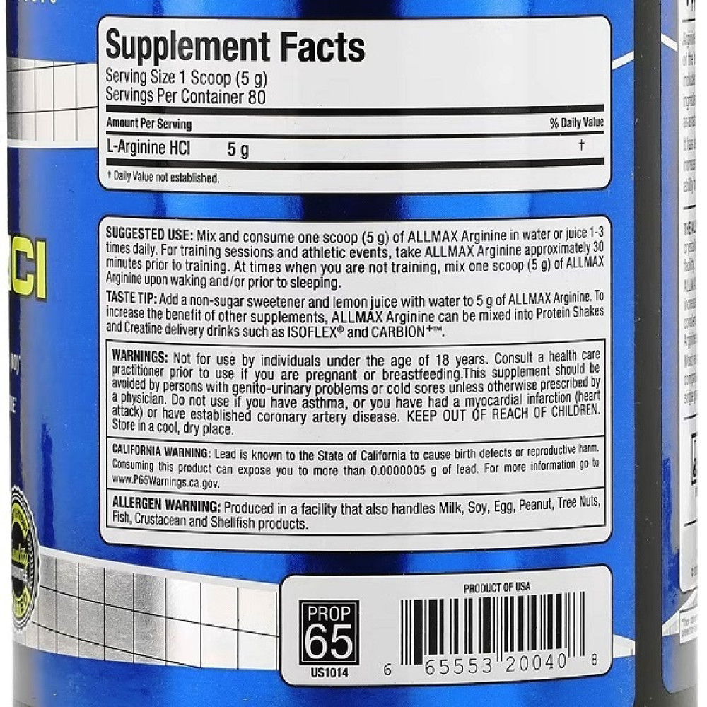 Аргінін для спорту AllMax Nutrition Arginine 400 g /80 servings/ Natural