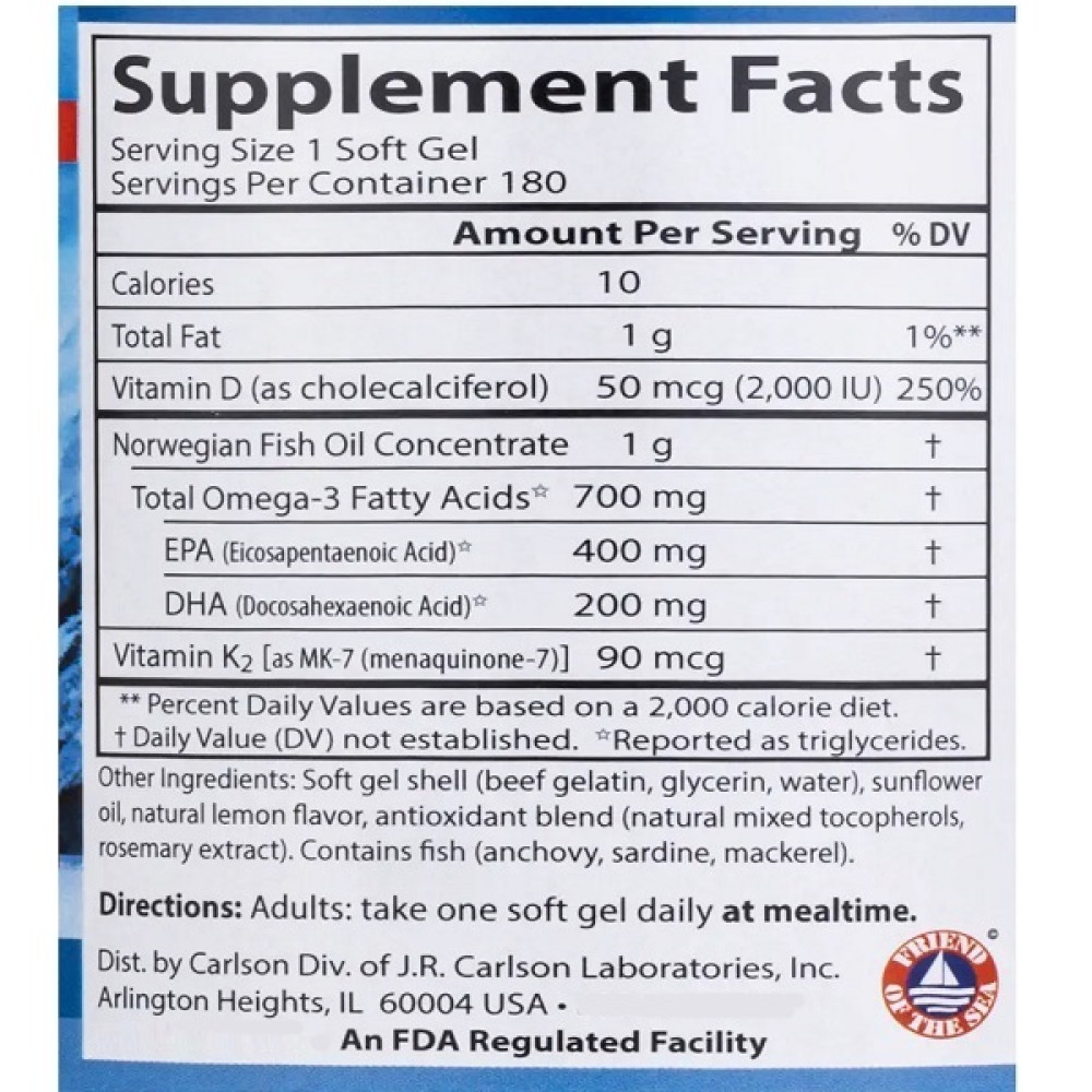 Омега 3 Carlson Labs Elite Omega-3 Plus D & K 180 Soft Gels Natural Lemon Flavor