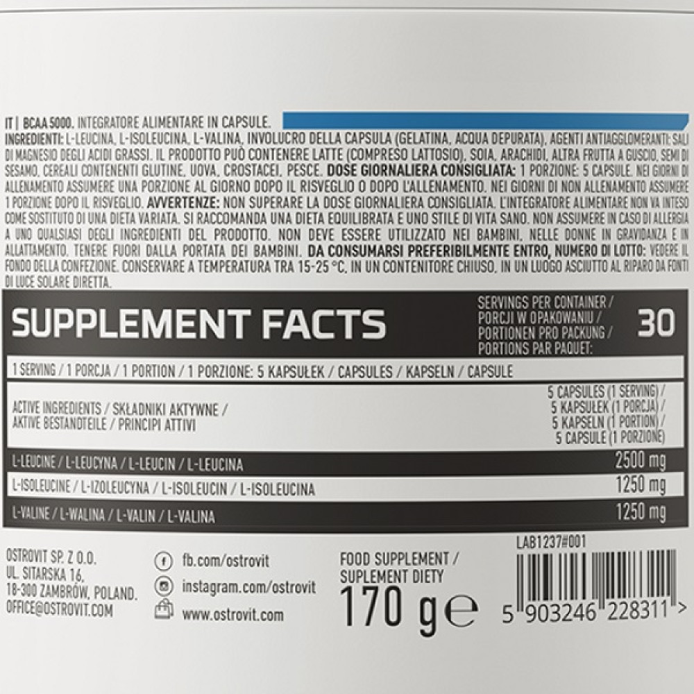 Амінокислота BCAA для спорту OstroVit BCAA 5000 mg 150 Caps
