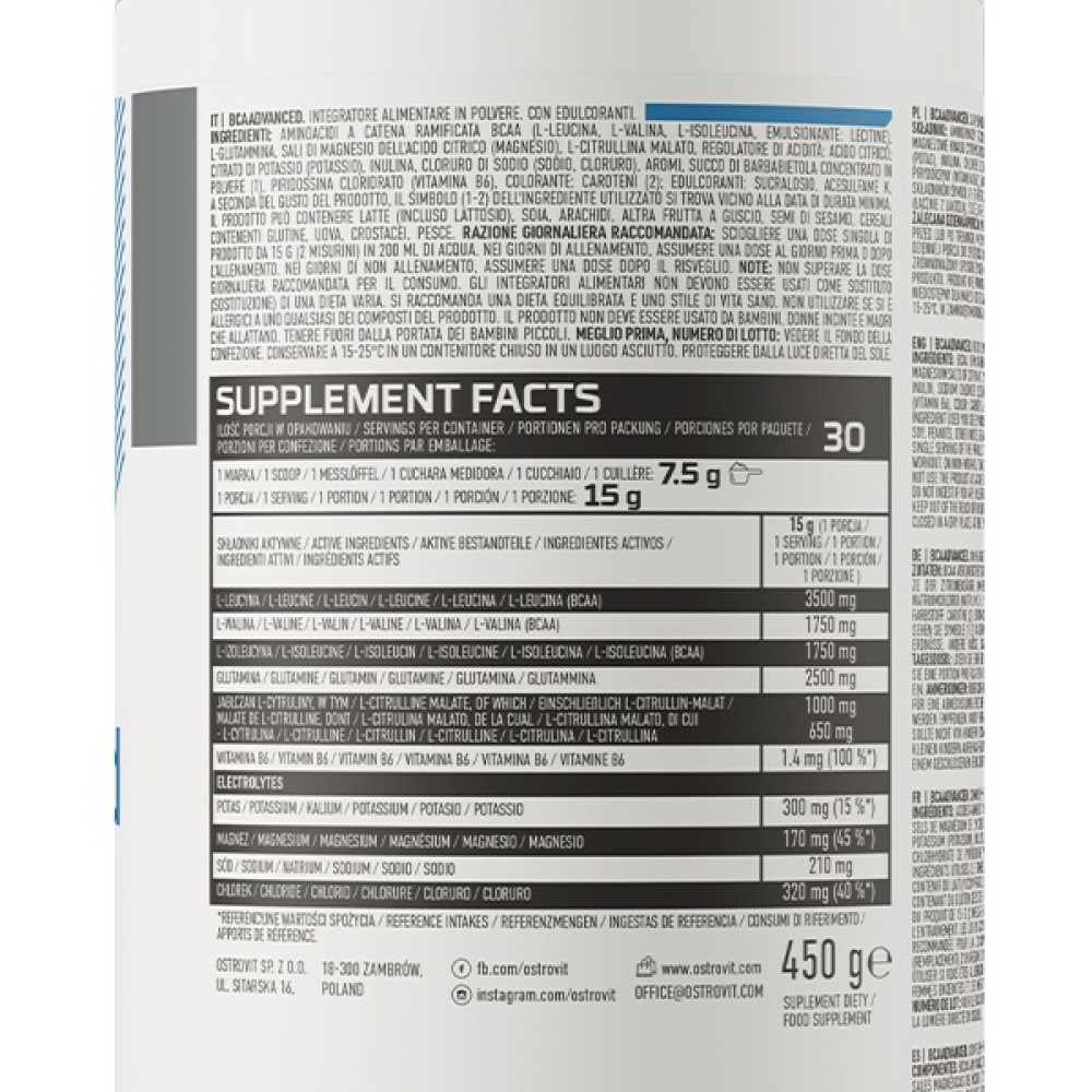 Амінокислота BCAA для спорту OstroVit BCAAdvanced 450 g /30 servings/ Mango