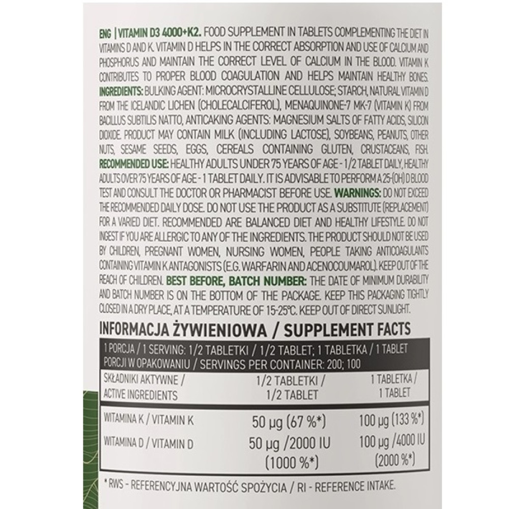 Мультивітаміни для спорту OstroVit Vege Vitamin D3 4000 + K2 100 Tabs