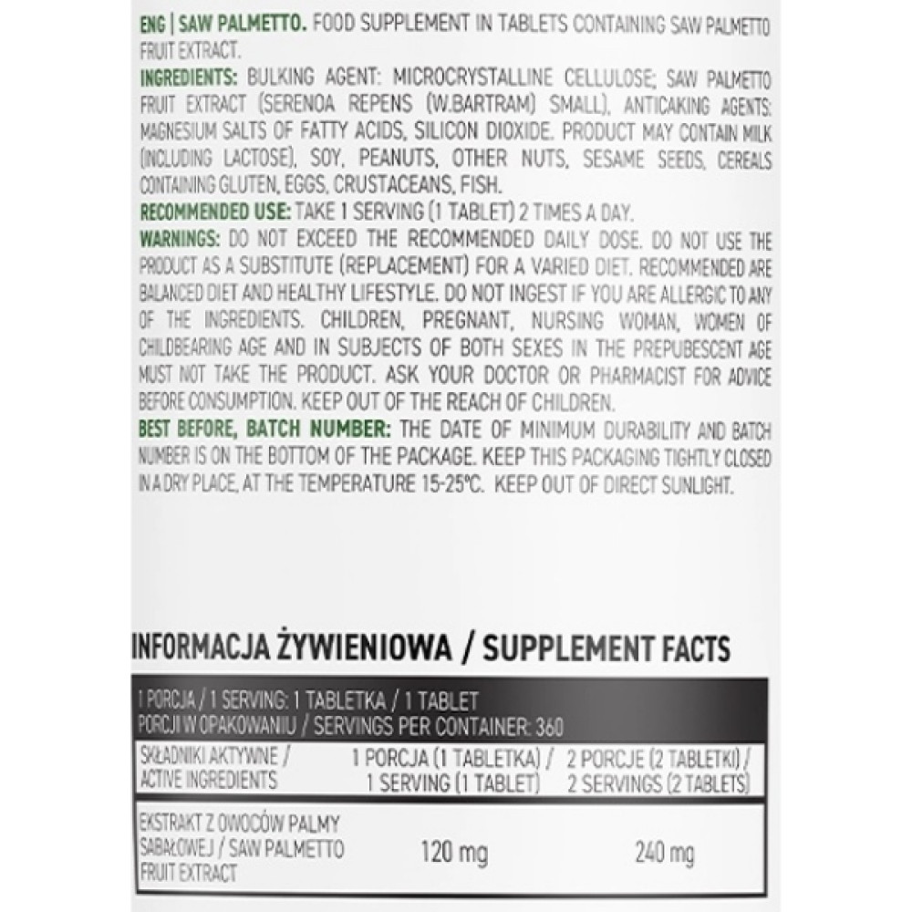 Натуральна добавка для спорту OstroVit Saw Palmetto Vege 360 Tabs