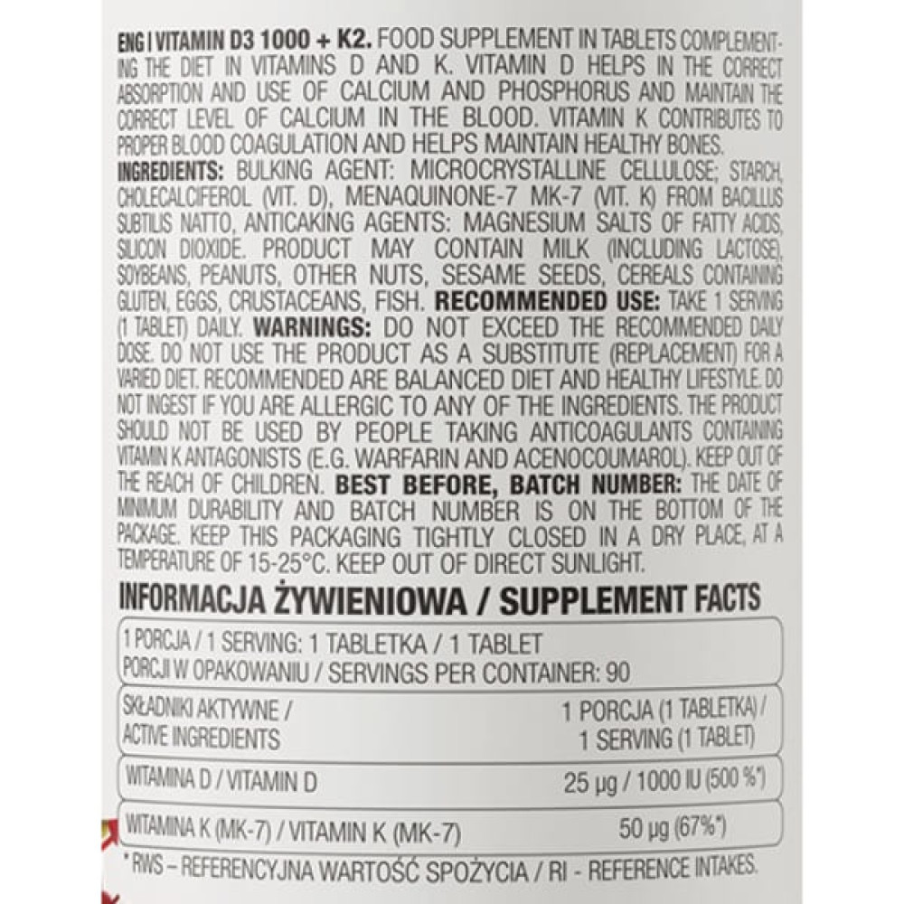 Вітамін D для спорту OstroVit Vitamin D3 1000 + K2 90 Tabs