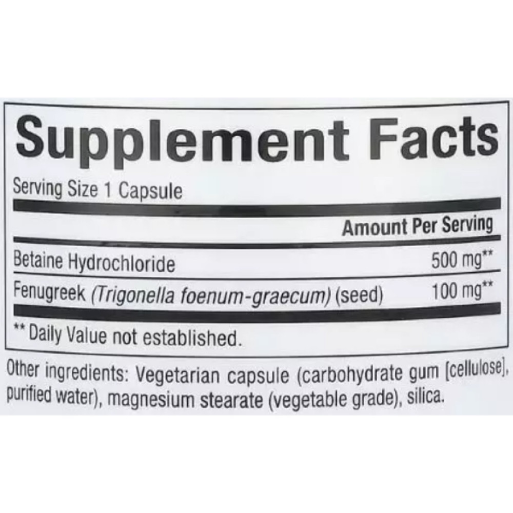 Бетаїну гідрохлорид Natural Factors Betaine Hydrochloride with Fenugreek 500 mg 90 Veg Caps