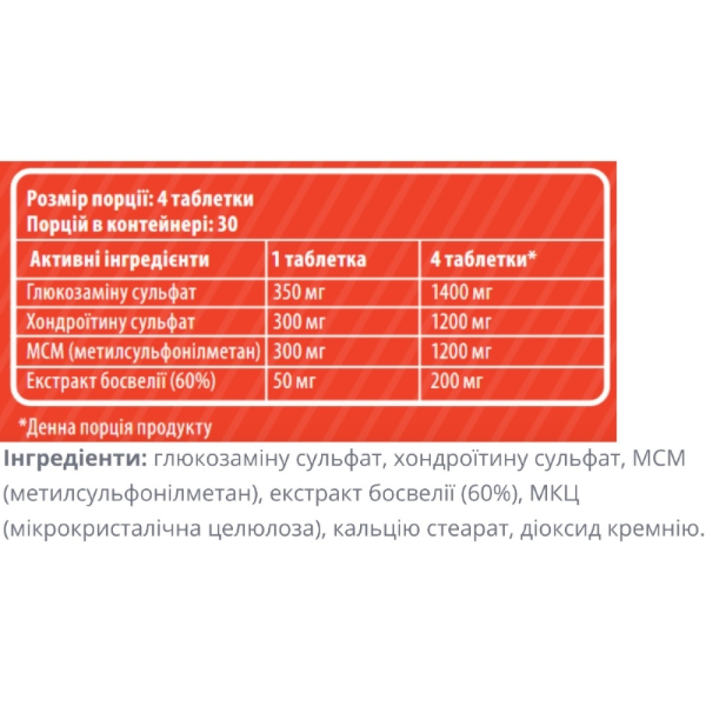 Хондропротектор (для спорту) Sporter Glucosamine & Chondroitin + MSM + Boswellia 120 Tabs