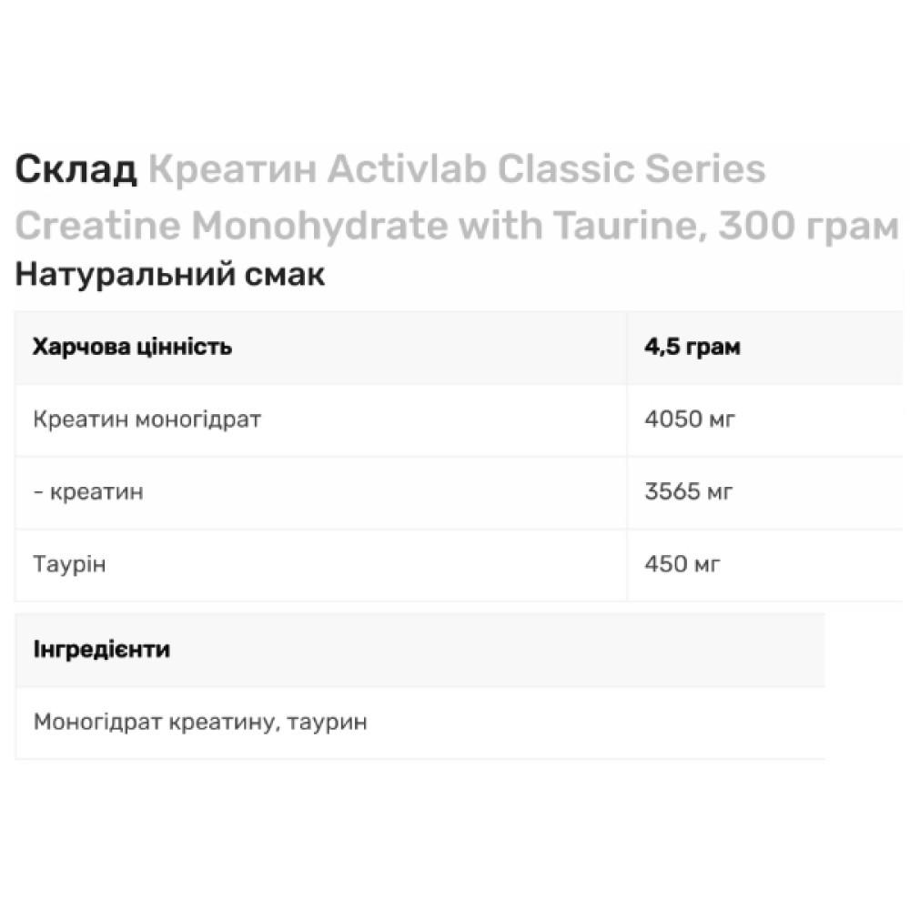 Креатин моногідрат Activlab Classic Series Creatine Monohydrate Enhanced With Taurine 300 g /50 servings/ Natural flavour