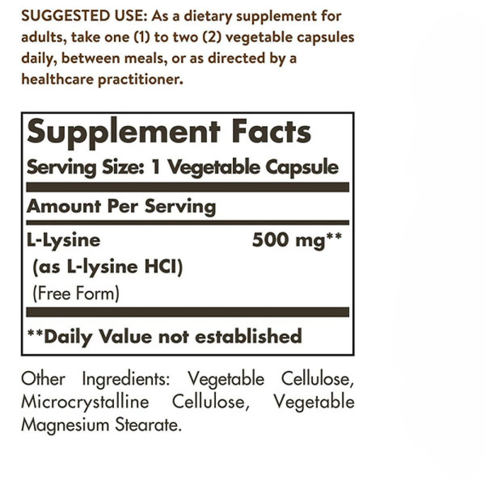 Амінокислота Лізін Solgar L-Lysine 500 mg 250 Veg Caps