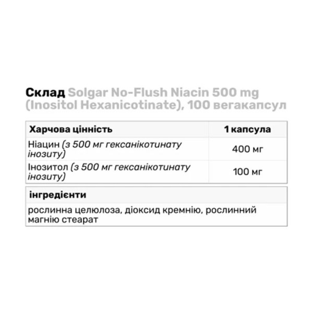 Ніацін Solgar No-Flush Niacin (Vitamin B3) (Inositol Hexanicotinate) 500 mg 100 Veg Caps