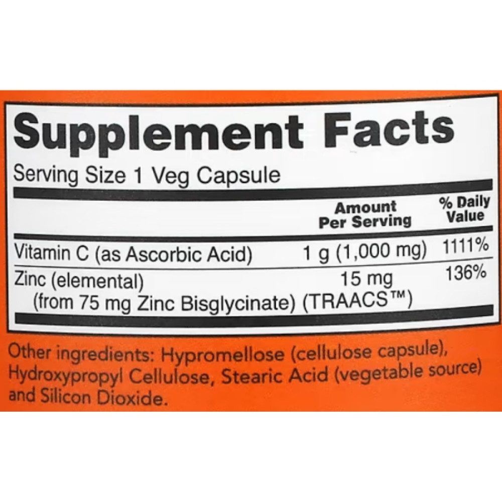 Вітамін C NOW Foods C-1000 Zinc Immune 180 Veg Caps