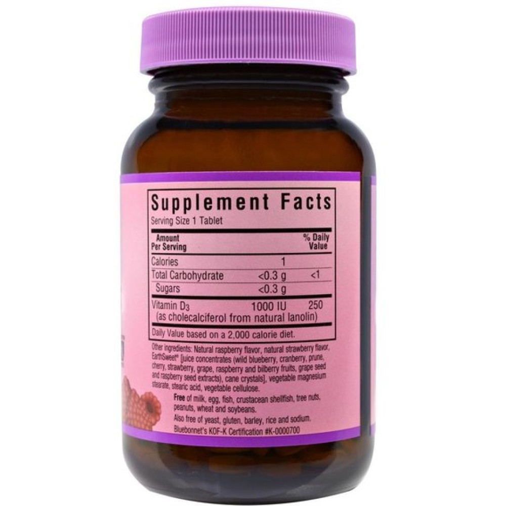 Вітамін D Bluebonnet Nutrition Earth Sweet Chewables Vitamin D3 1000IU 90 Chewable Tabs Raspberry