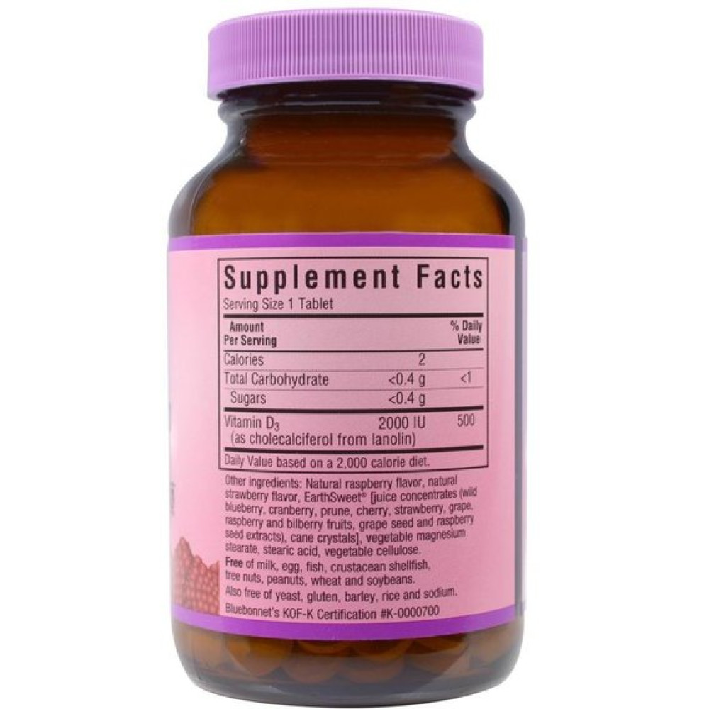 Вітамін D Bluebonnet Nutrition Earth Sweet Chewables Vitamin D3 2000IU 90 Chewable Tabs Raspberry