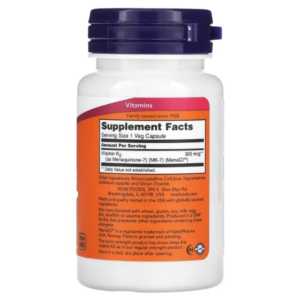 Вітамін K NOW Foods Vitamin K-2 (MK7) 300 mcg Extra Strength 60 Veg Caps